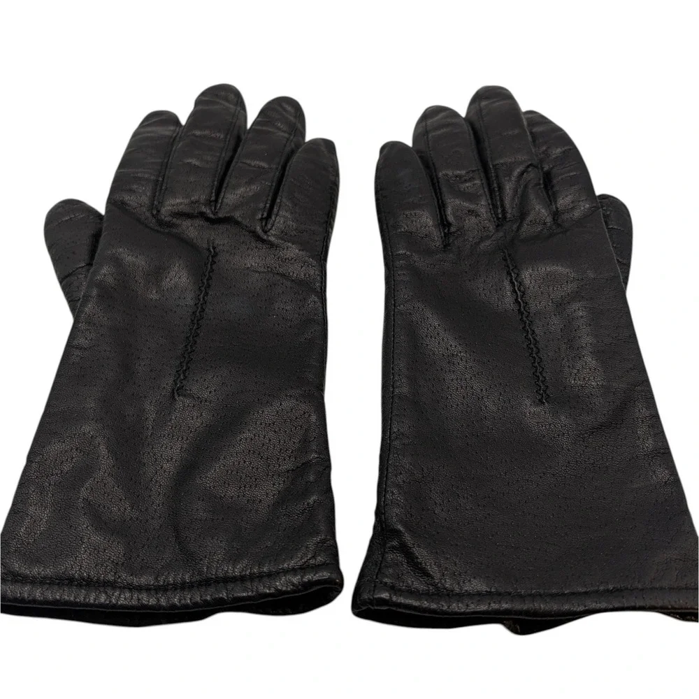 Vintage Pownes  Genuine‎ Leather Gloves Black Polyester Lined Womens Size 7.5